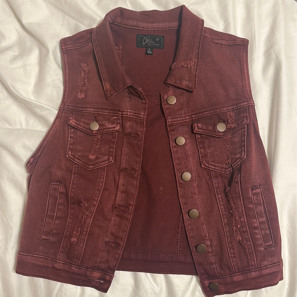 Distressed red denim vest